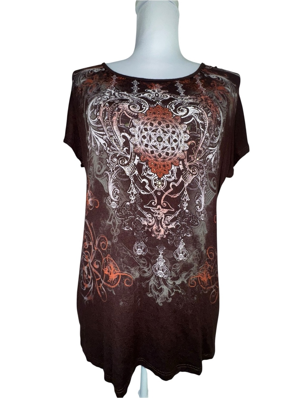 New Directions Brown Graphic Embellished Open Back Top Small Grunge Y2K - Picture 3 of 12
